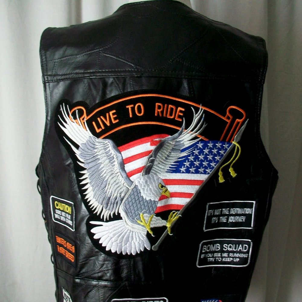 Diamond Plate Buffalo Leather Biker Vest Large Eagle Patch Lace Up Sides size XL